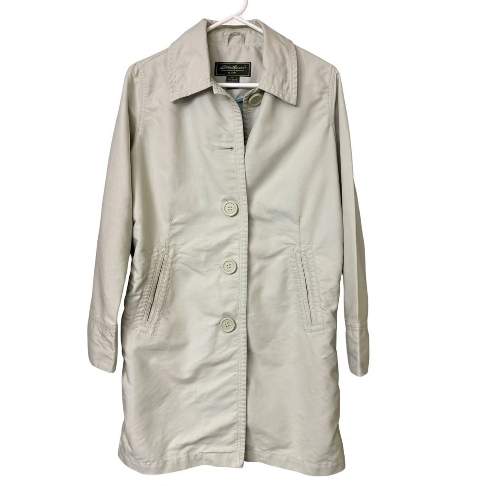 Eddie Bauer Trench Coat Jacket Khaki Tan Button Down Mid Length Womens Size S